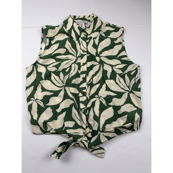 Rachel Zoe Tops - Rachel Zoe Sz XS Green White Tropical Leaf Print Tie Front Shirt Sleeveless Top